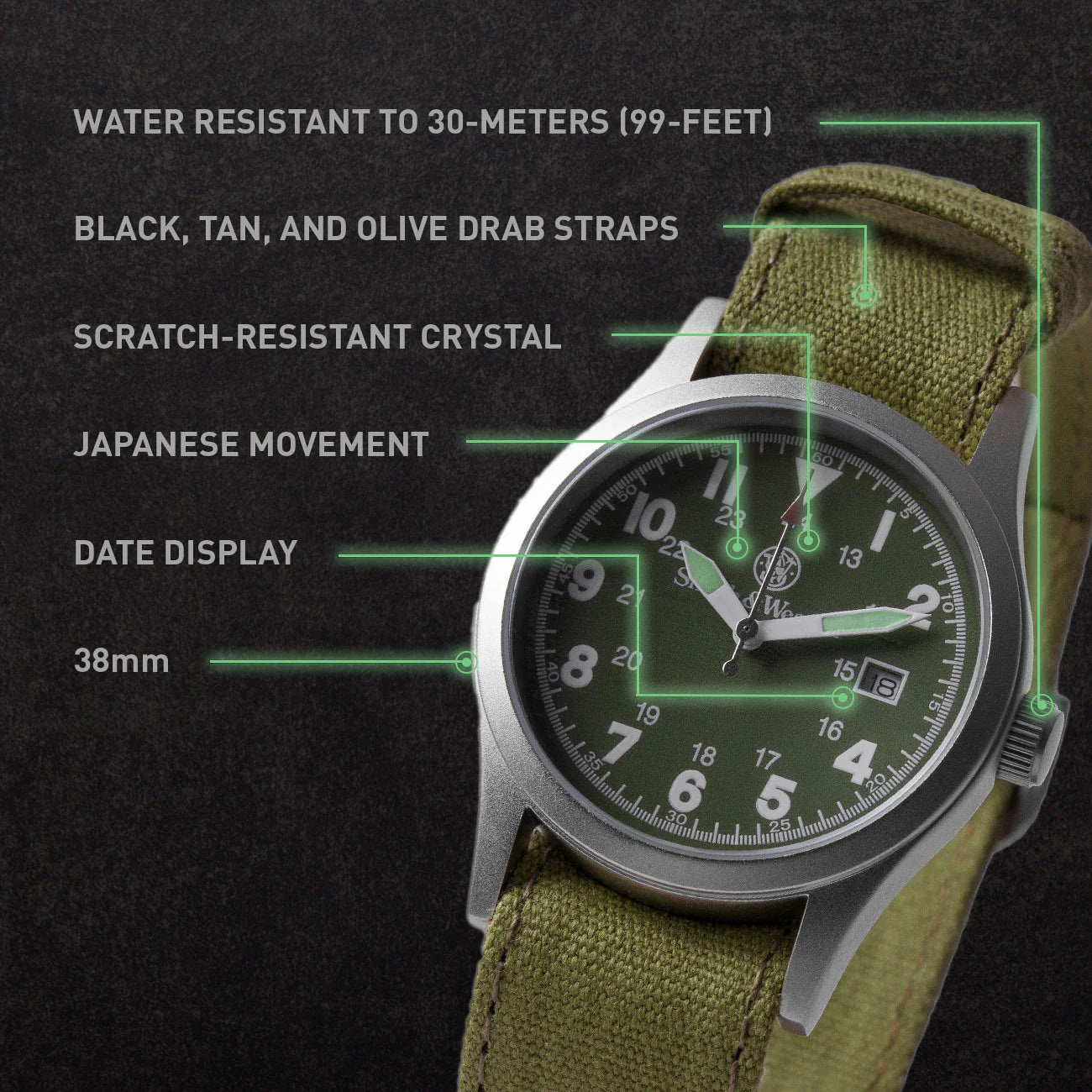Smith & Wesson Military Watch - Olive Drab 3 Changeable Straps