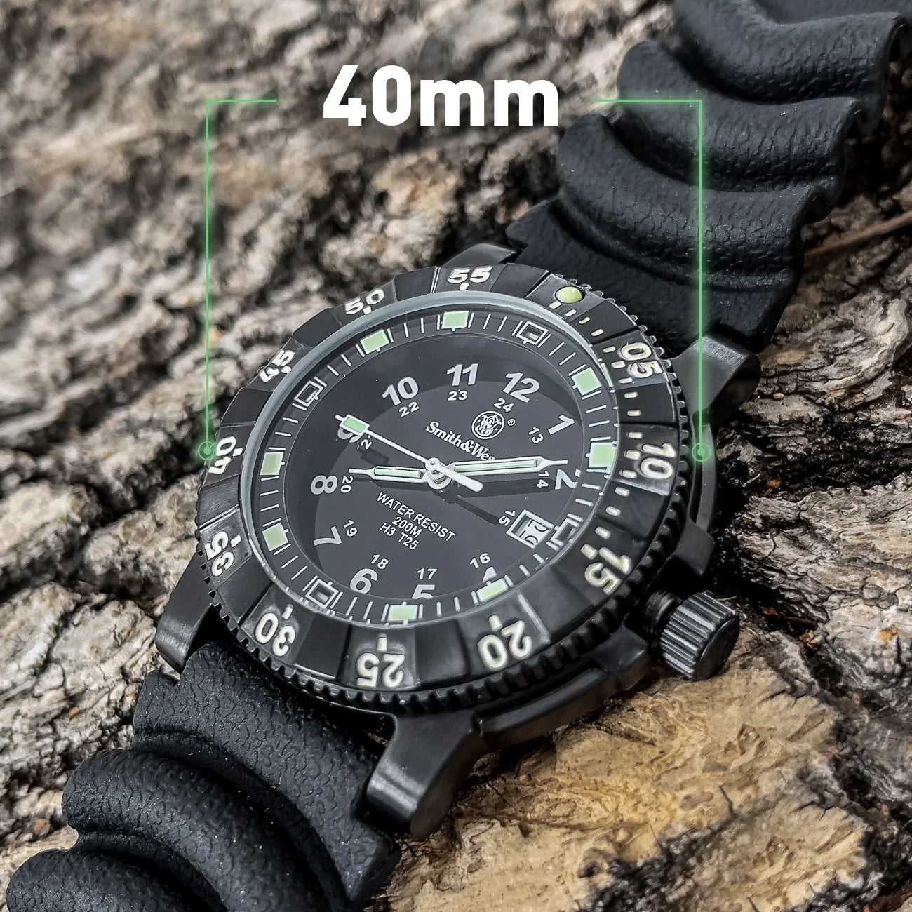 Diver Watch, Tritium, 45 mm, Black w/Rubber Strap